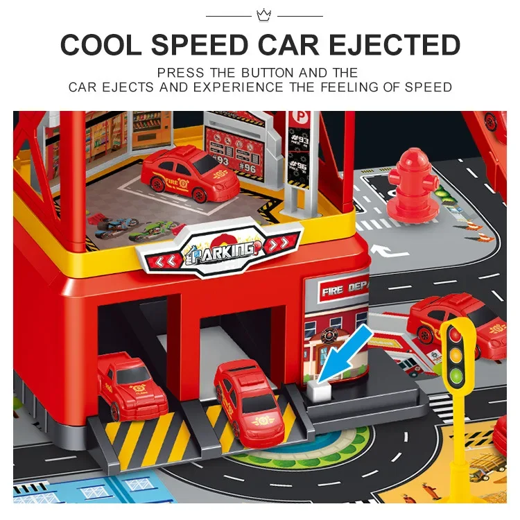 Garage Racing Track Sliding Car Parking Lot Toys Multi-Storey Car Parking Fire Police Engineering Mini Vehicle Toy for Boys Gift