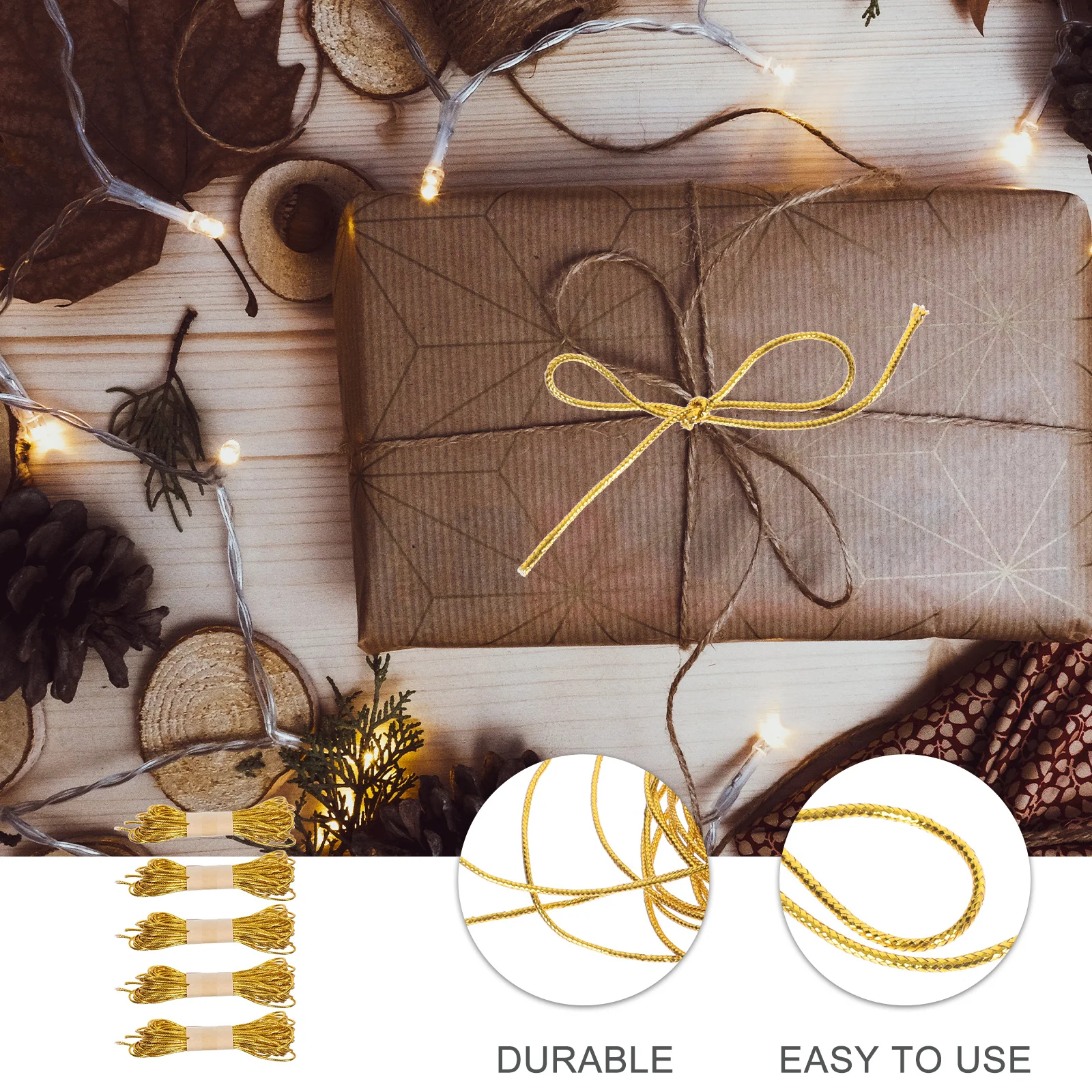 

5 Bundles Golden Round Polyester Rope for Gift Wrapping Candy Bags Bread Sealing DIY Decorative Baking Binding Ropes
