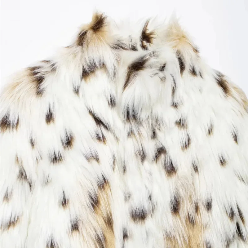 Leopard Print Faux Fur Texture Jacket Women Light Colored Loose Plush Outerwear 2024 Winter New Casual Warm Artificial Fur Coats