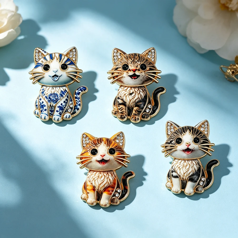 4 Pcs Cute Sitting Cat Brooches For Women Unisex 4-color Rhinestone Lovely Pets Kitty Animal Party Casual Brooch Pin Gifts
