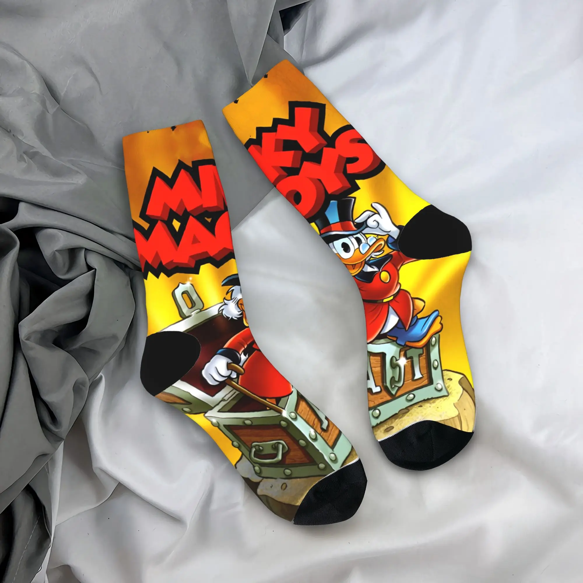 

Золотые носки с рисунком Дональда Дака, зимние чулки, забавные мужские средние мягкие носки, нескользящие носки для бега с принтом