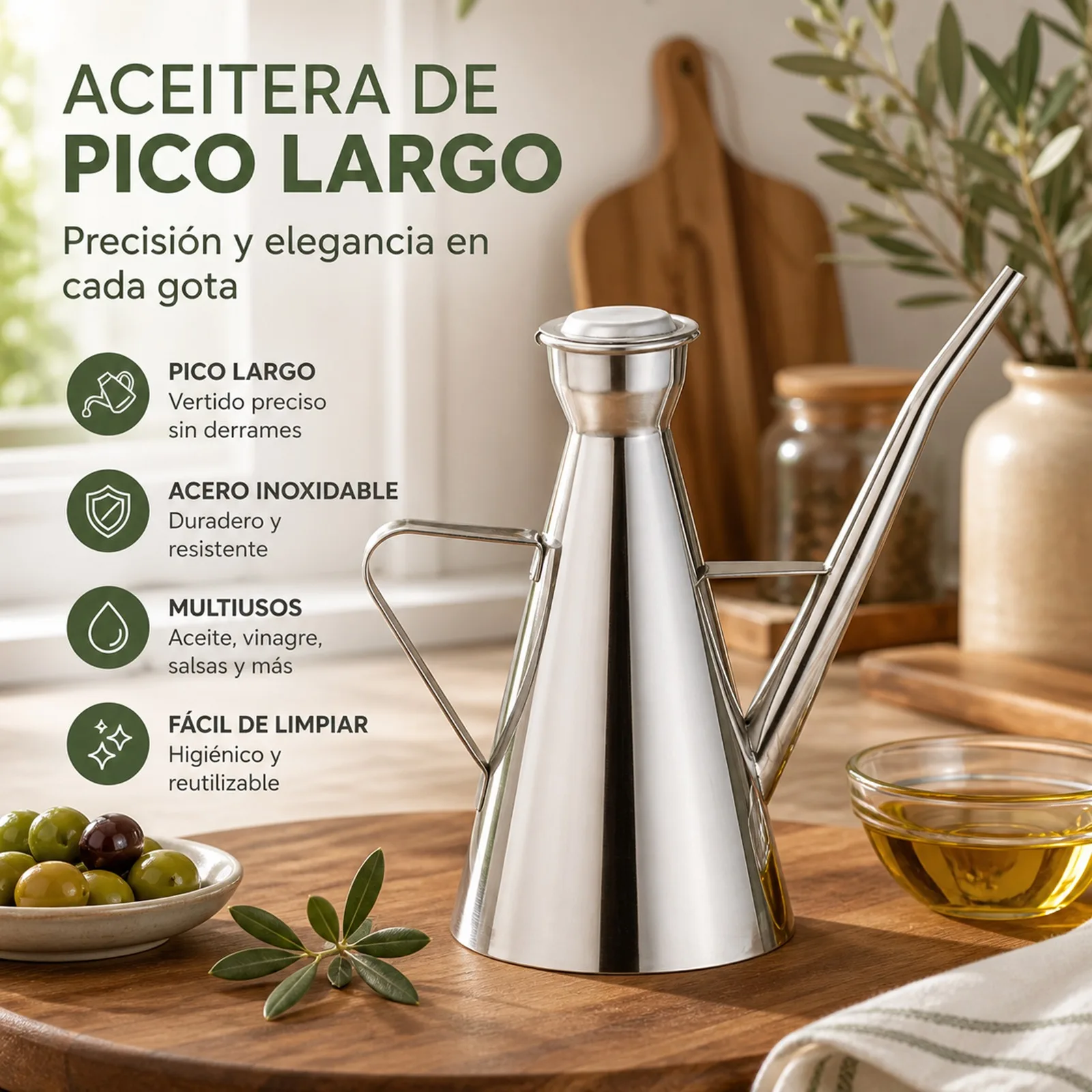 Distributeur d'huile en acier inoxydable avec bec verseur long anti-gouttes, distributeur d'huile et de vinaigre avec poignée ergonomique, récipient de cuisine polyvalent de haute précision, capacité 250 ml et 500 ml