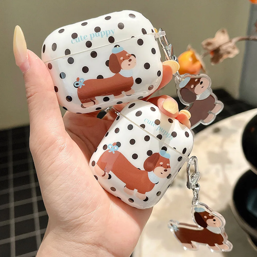 Cartoon Wave Point Brown Sausage Dog Silicone Earphone Case For Apple AirPods 1 2 3 Pro 2 Cute Girl Shockproof Protection Cover