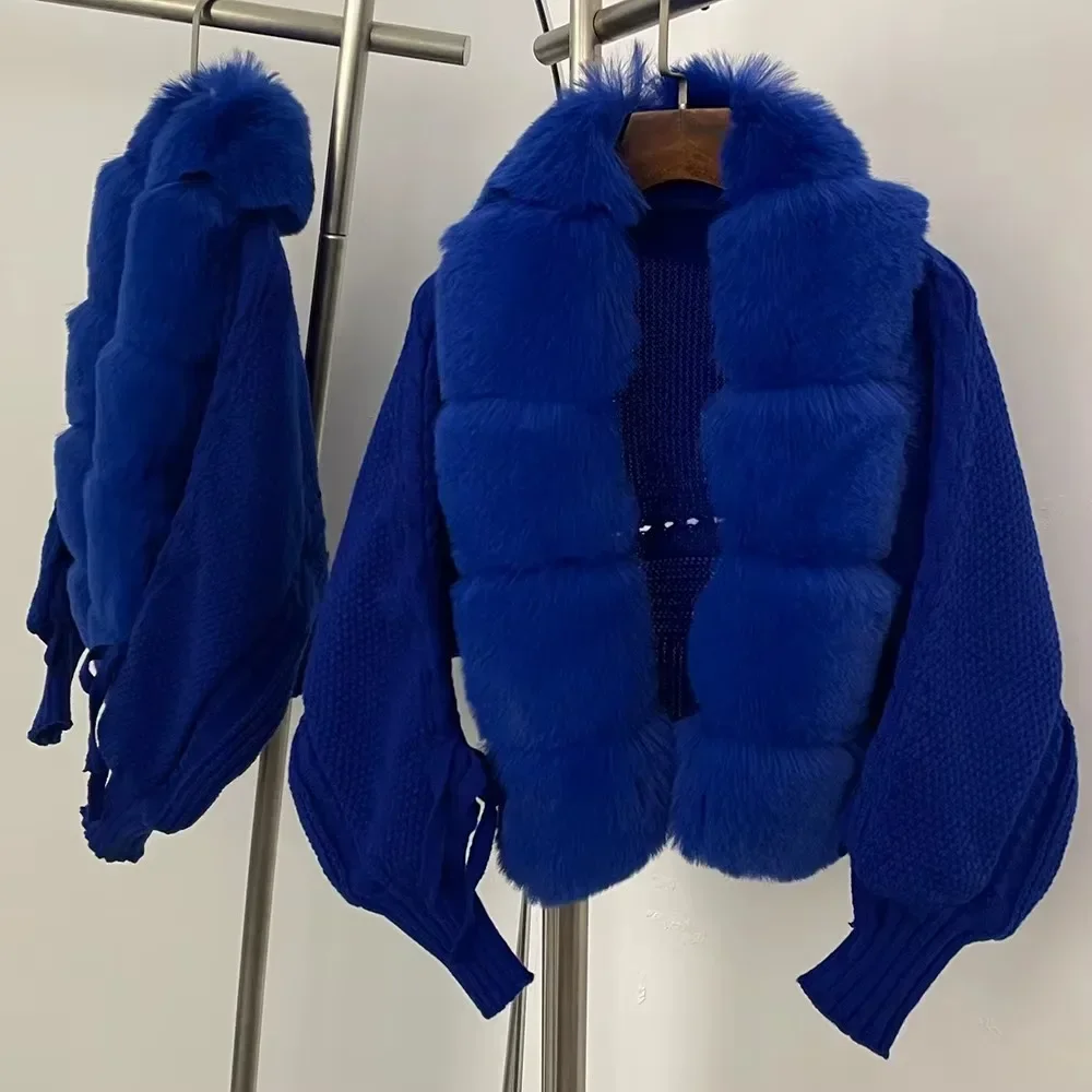 Mantel Bulu Palsu Pakaian Rajut Jaket Bulu Palsu Sweter Solid Rajutan Sweter Kardigan Potong Musim Semi Musim Gugur Wanita Bulu Pendek Wanita