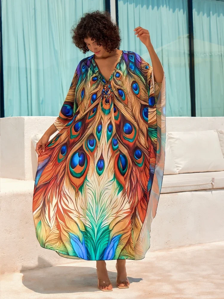 EDOLYNSA Bohemian Printed Women Kaftan Robe Butterfly Chic Vacation V-neck House Bathing Suit Cover Up Moo Moo Dresses Q1670