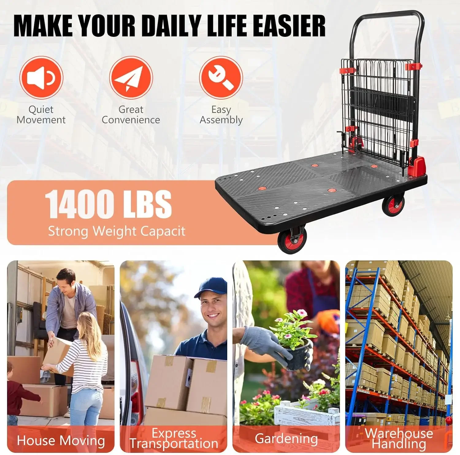 with Cage, 1400LBS Capacity Folding Hand Truck Dolly, Heavy Duty Platform Cart w/ 5'' TPR Swivel Wheels, 2 in 1 Foldable Platfor