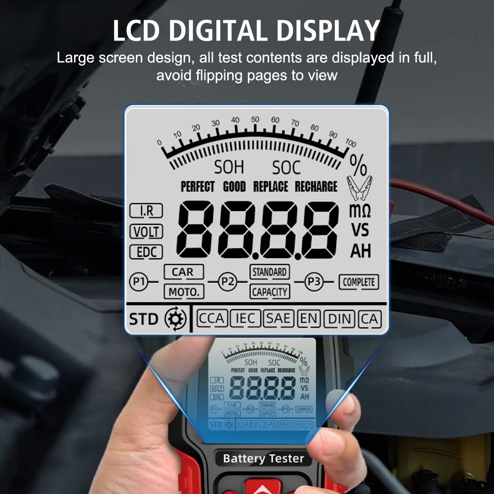 Tester akumulatorów samochodowych LCD cyfrowy test akumulatora kwasowo-ołowiowego dla pojazdu ciężarowego motocykl SUV 12V 24V narzędzie