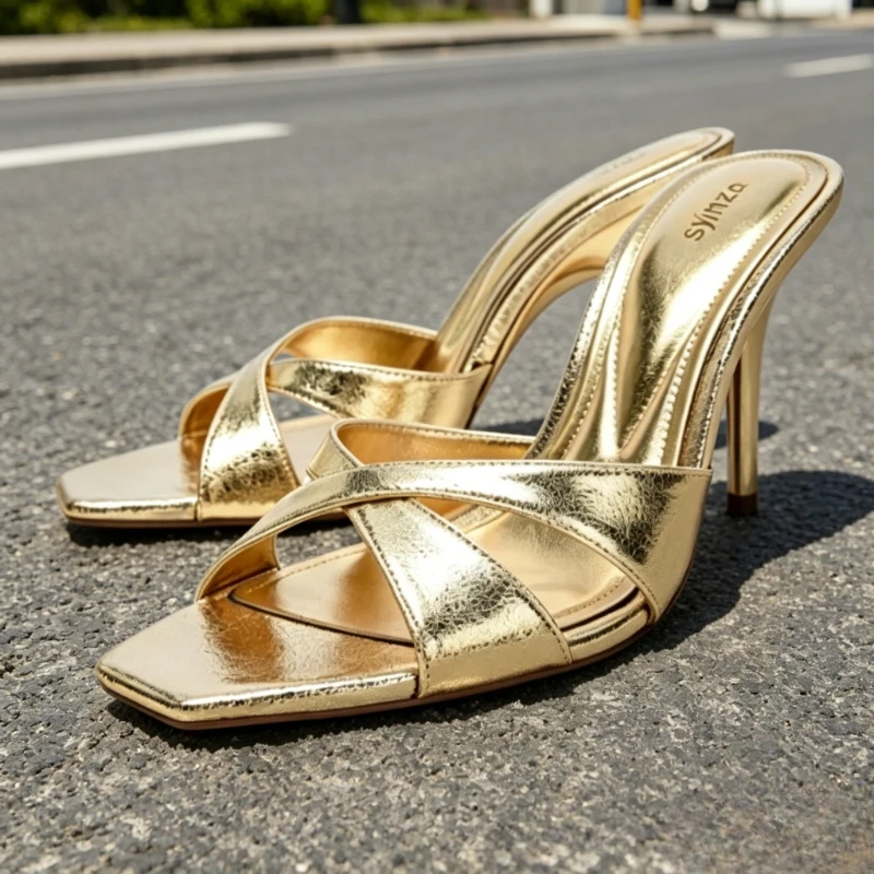 Luxury Cross Tied Women Sandals Fashion Square-toe High Heels for Ladies Open-toe Luxury Designer Shoes Street Style Slippers