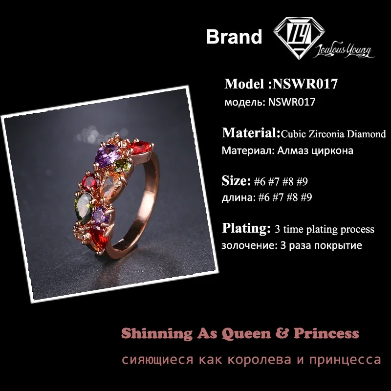 Classic Multicolor Water Drop Cubic Zircon Engagement Ring Rose Gold Color Mona Lise Bague Female Jewelry AR017