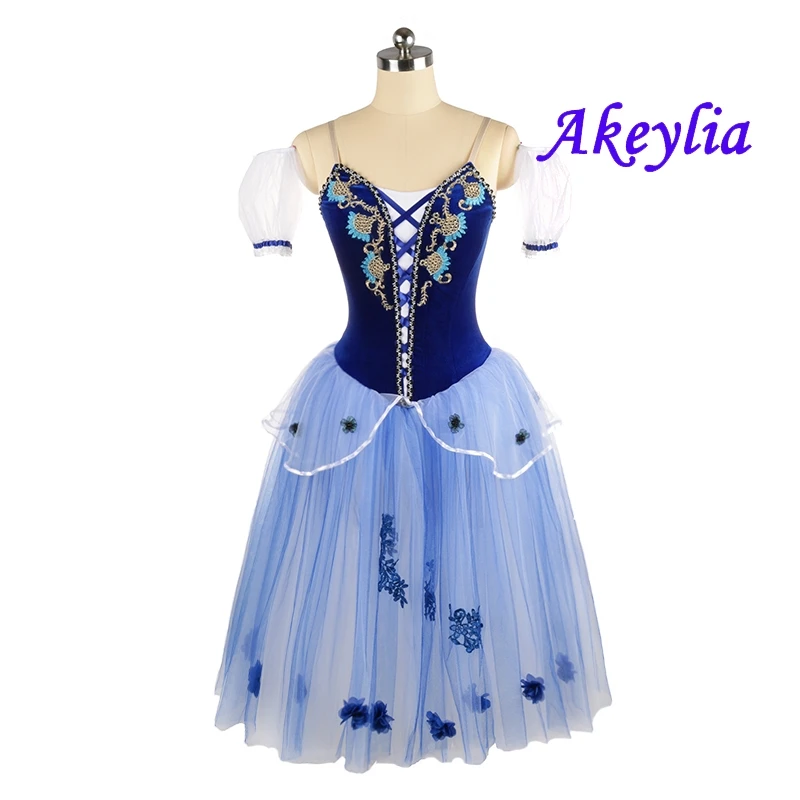 

Blue white ballet costume Dance fairy flower Long Ballet dress Romantic Giselle royal blue Performance Costumes for women JNBL49