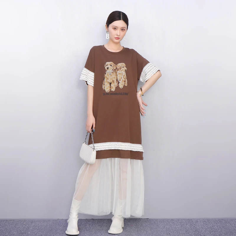 2025 sommer Neue Elegante Frauen Lose Oansatz Mesh Gedruckt T-shirts Lange Kleider Damen Kurzarm Kleid Großhandel J1228