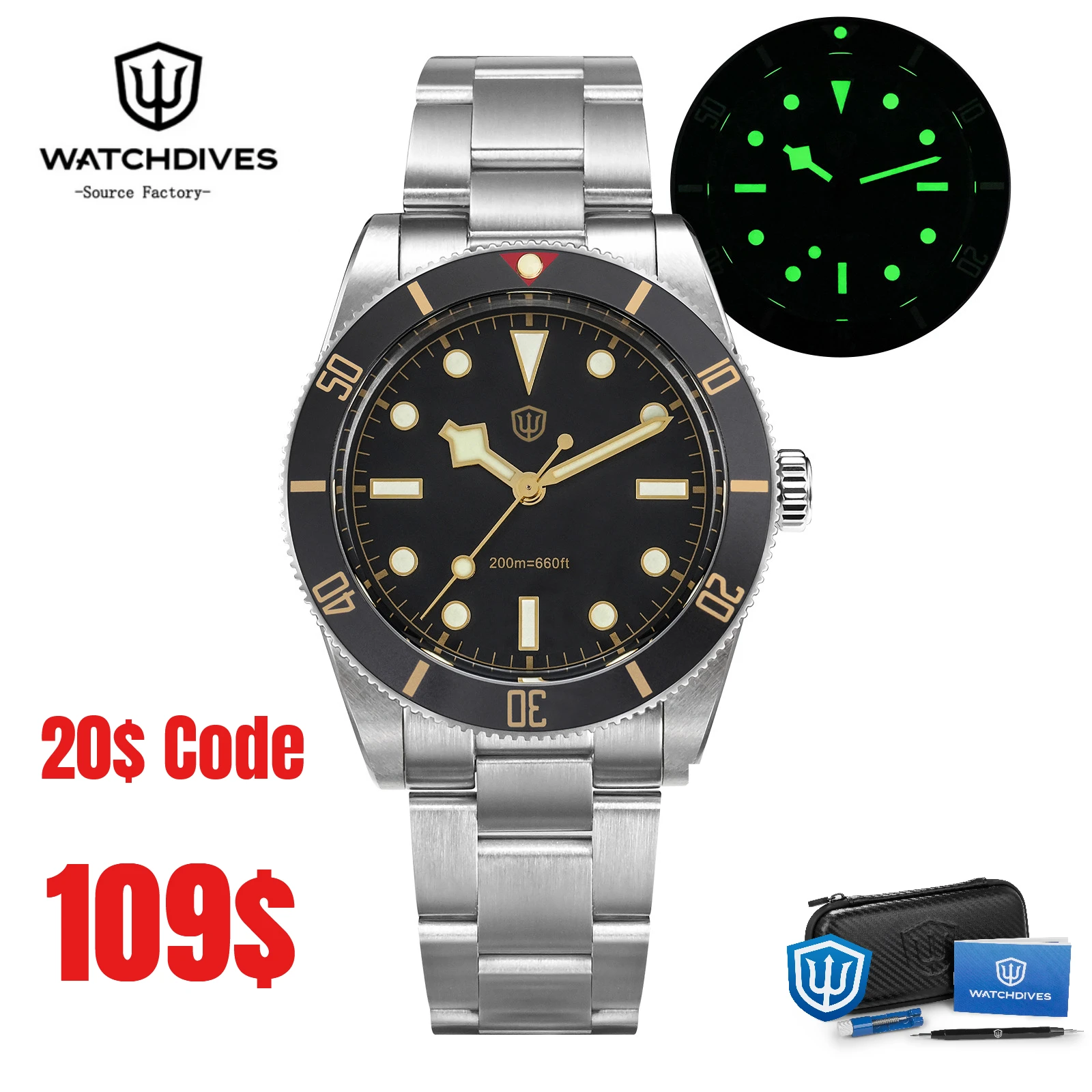 Watchdives WD7922 BB54 Watch VH31 Sweep Second Movement Sapphire Crystal 20bar Waterproof C3 Luminous 37mm Vintage Watches