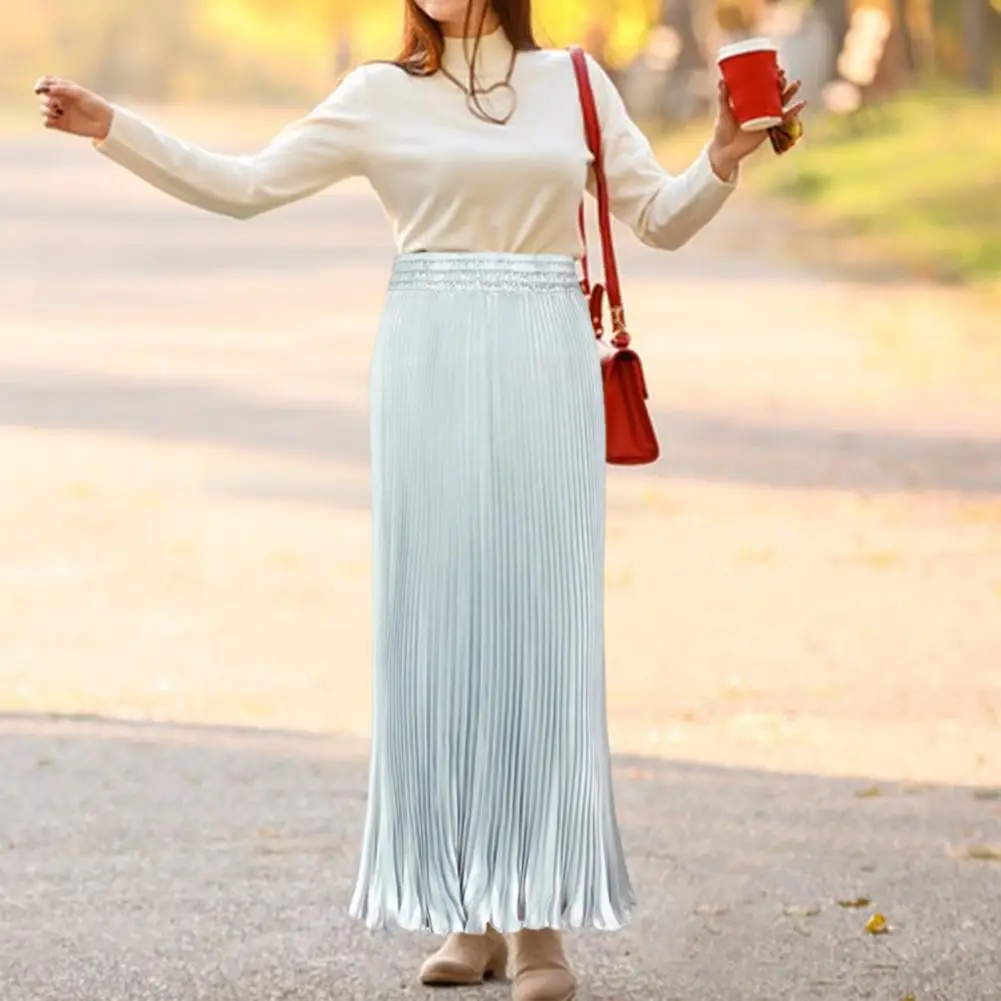 

Female Fashion Summer Pleated Skirts Elegant Long Versatile Solid Color Folds Elastic Waist Women's Casual Loose Skirts