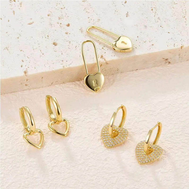 925 Sterling Silver Ear Needle Heart Shape Lock Hoop Earrings For Women Creativity Paper Clip Piercing Earrings Fashion Jewelry