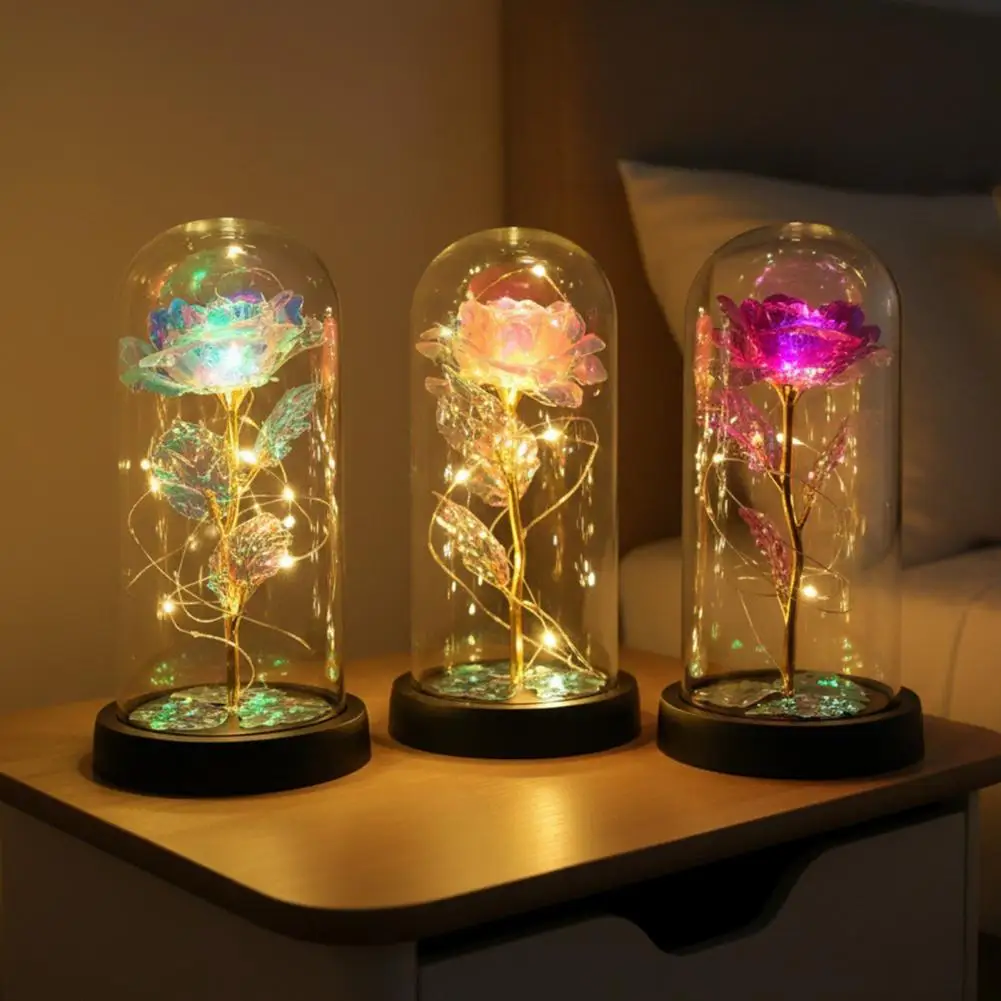 Preserved Rose in Dome with LED Light Artificial Eternal Rose Flower Artificial Rose Valentine's Day Mother's Day Christmas Gift