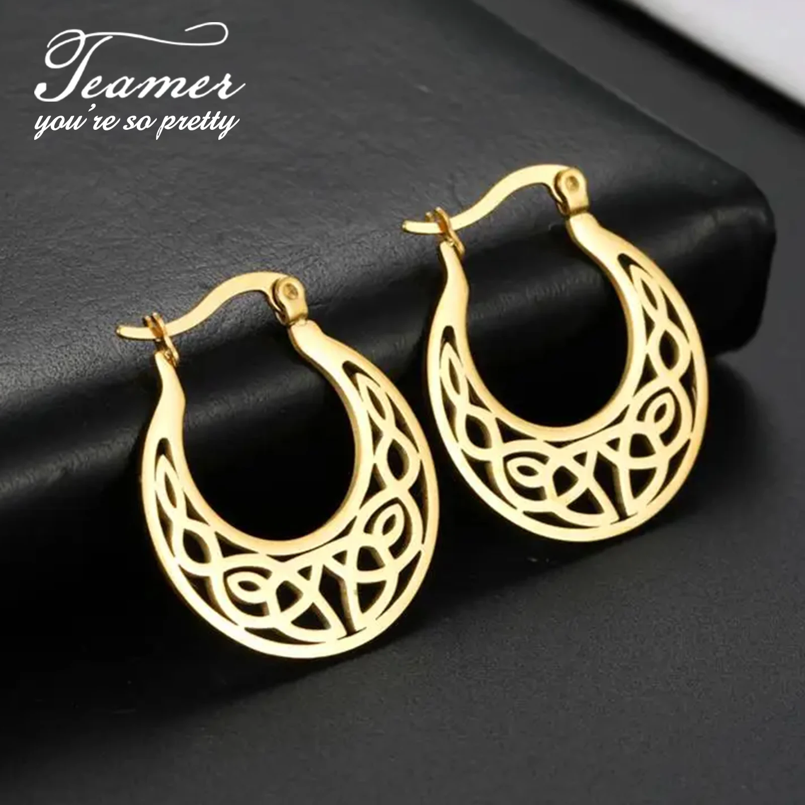 Teamer Filigree Witch Knot Hoop Drop Earrings Stainless Steel Vintage Irish Celtics Knot Dangle Earrings for Women Wicca Jewelry