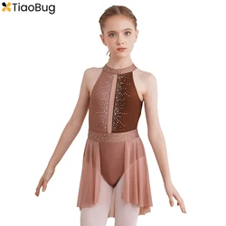 Kids Girls Rhinestone Ballet Lyrical Dance Dress Sleeveless Irregular Tutu Leotard Figure Skating Costume Dancewear 2024 Hot