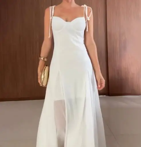 فستان صيفي جديد مثير وعصري بلون سادة برباط للنساء، فستان أنيق بخصر على شكل حرف V وشفاف شفاف