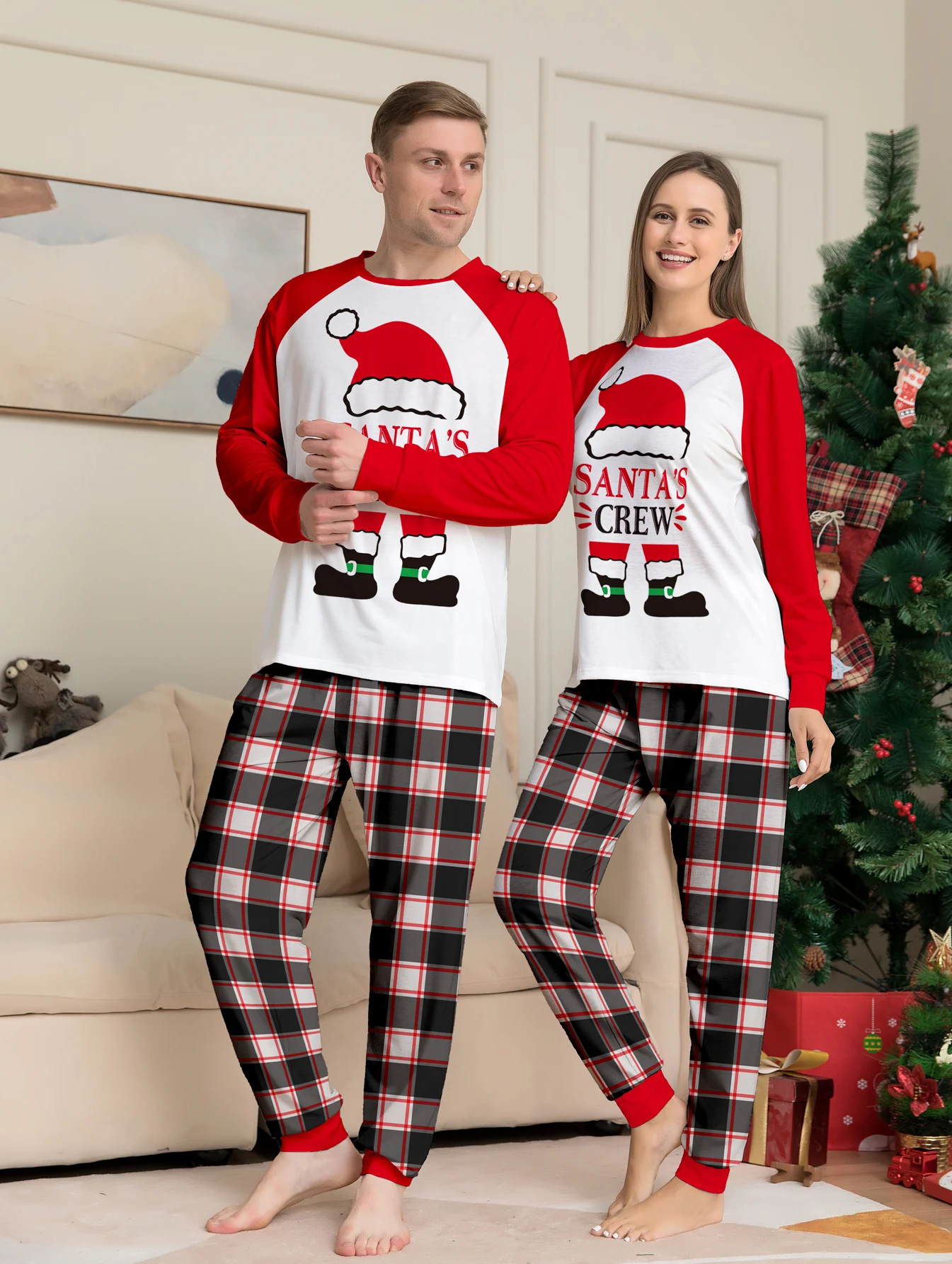 

Christmas Couple Pajamas Set - Raglan Sleeve White & Red "Santa's Crew" Print & Plaid Pants Sleepwear