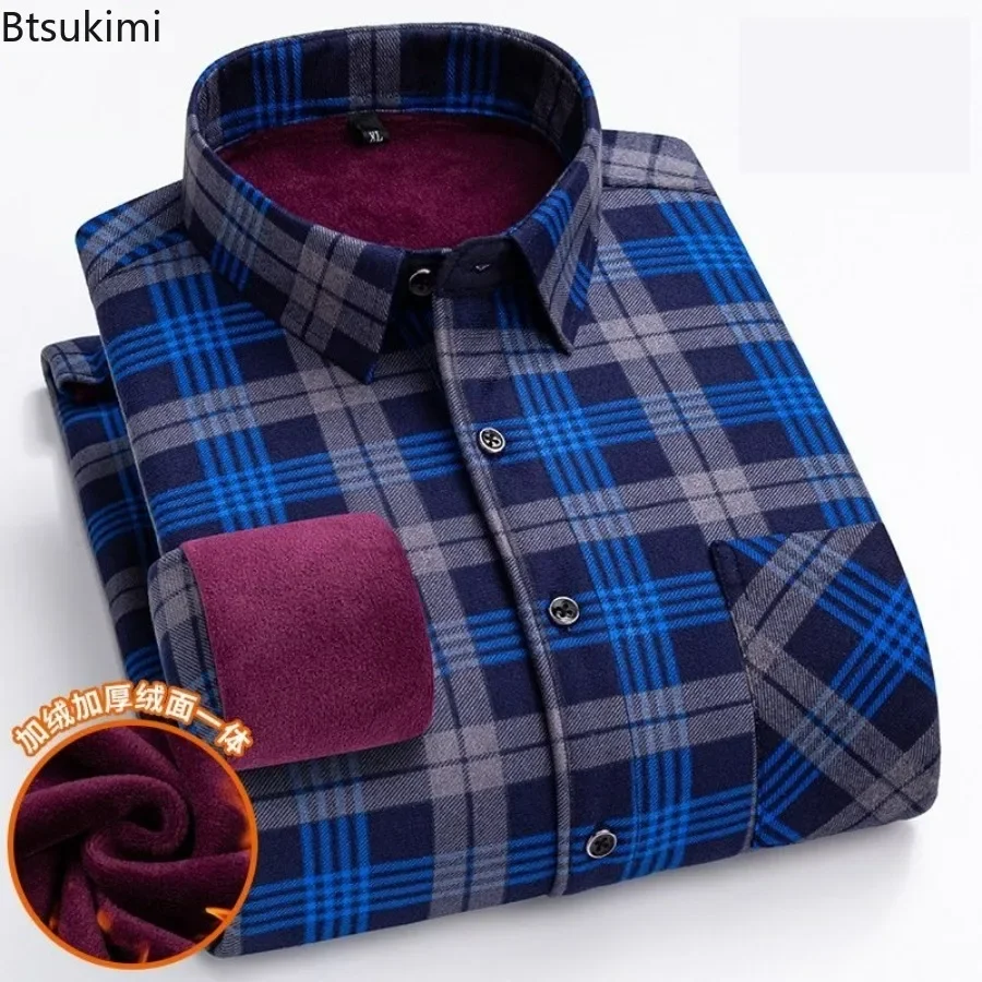 2024 Men's Casual Warm Flannel Shirts Top Autumn Winter Long Sleeve Plaid Shirt Thick Fleece Lined Soft Warm Dress Shirt L-5XL