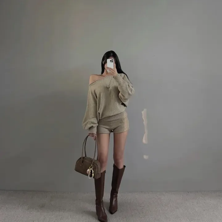 

Faionable oulder-baring Long Sve Трикотажный комплект с высокой талией для похудения Женский осенний новый Sle Commute Pure E-commerce