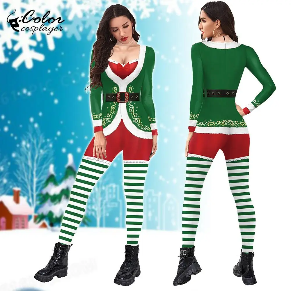 

Color Cosplayer Christmas Jumpsuit Carnival Cosplay Costume Green White Stripes 3D Printing Catsuit Women Sexy Bodysuit Outfits