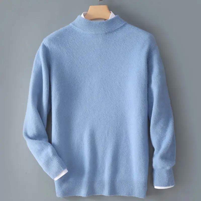 Autumn and winter new thick classic 100% pure wool semi-high collar men's loose casual Joker warm sweater top.