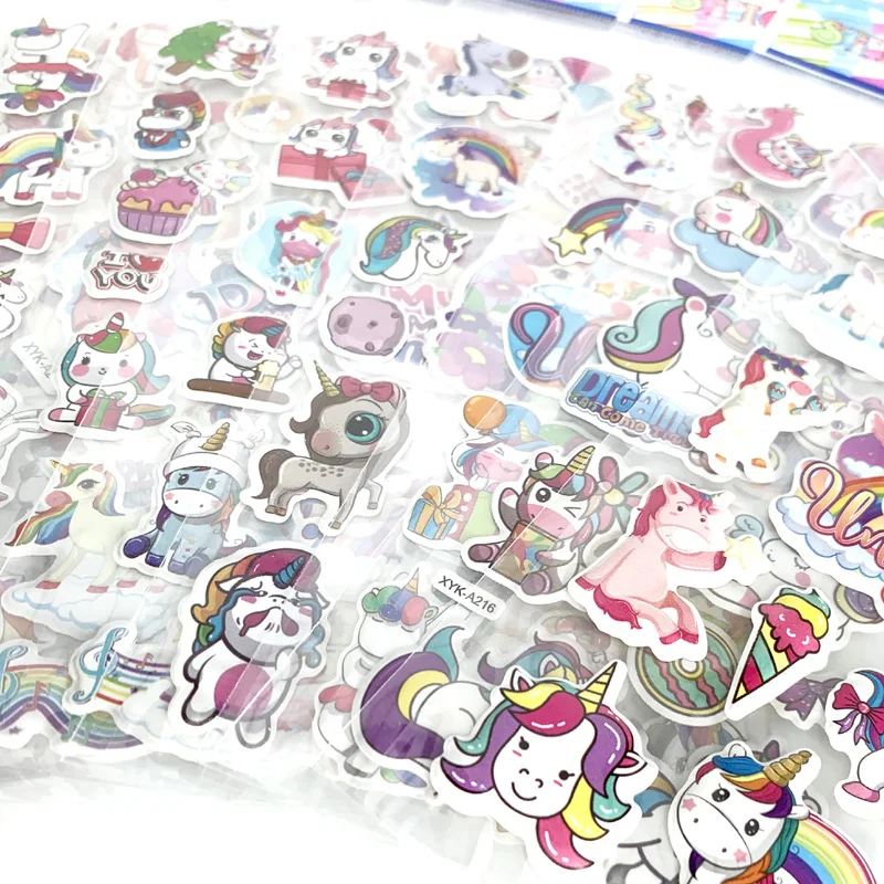 8 Sheets/Pack Cartoon Unicorn 3D Puffy Stickers for Kids Reward Scrapbook Sticker Notebook Decoration