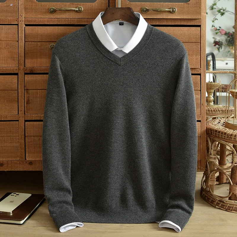 ZNTX New winter thickened 100% pure cashmere sweater men\'s worsted V-neck business casual solid color knit sweater for warmth