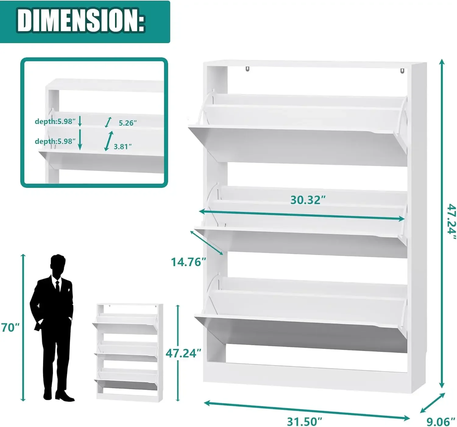 Storage Cabinet for Entryway with 3 Flip Drawers, Sturdy Wood Hidden Shoe Storage, Freestanding Narrow Slim Shoe Organizer for F