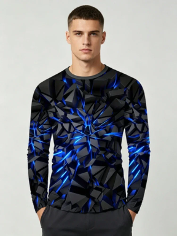 Men's Long Sleeve T-Shirt 3D Blue Geometric Crack Print Crew Neck Tops Fashion StreetwearCasualPulloverMenDailyWearLongSleeveTee