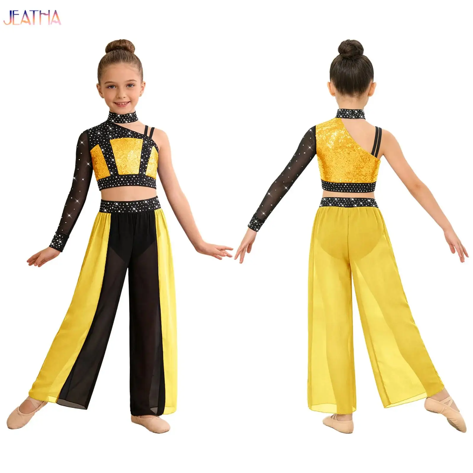 女の子用リリカルモダンダンスセット-バレエジャズダンスパフォーマンス競技用コスチューム-長袖スパンコールクロップトップとパンツのセット