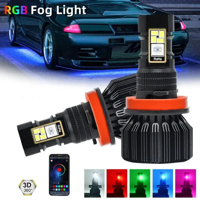

RGB 5050 LED Fog Light 15000LM H8/9/11/9005/ 9006 360° High Bright APP Bluetooth Control Auto Headlight Fog Lamp 60W