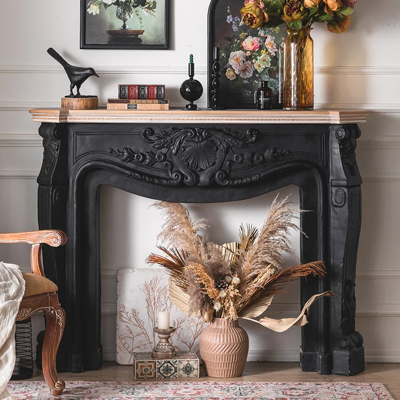 French fireplace decorative cabinet retro carved solid wood black living room American fake fireplace decorative porch small