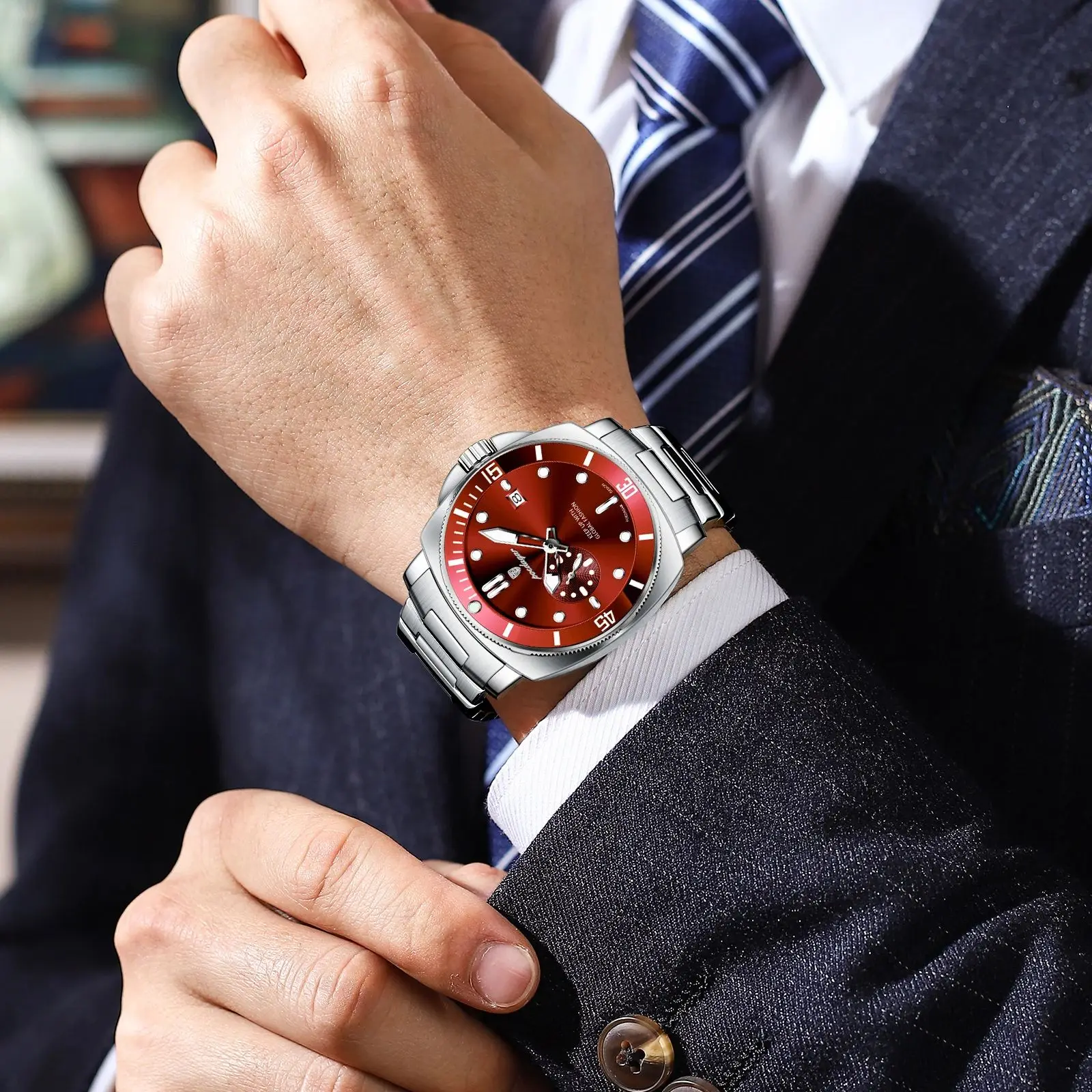 POEDAGAR 高級トレンドメンズ腕時計 防水 夜光 日付 ステンレススチール 男性用腕時計 クォーツ ビジネス スポーツ メンズ腕時計 レロッホ