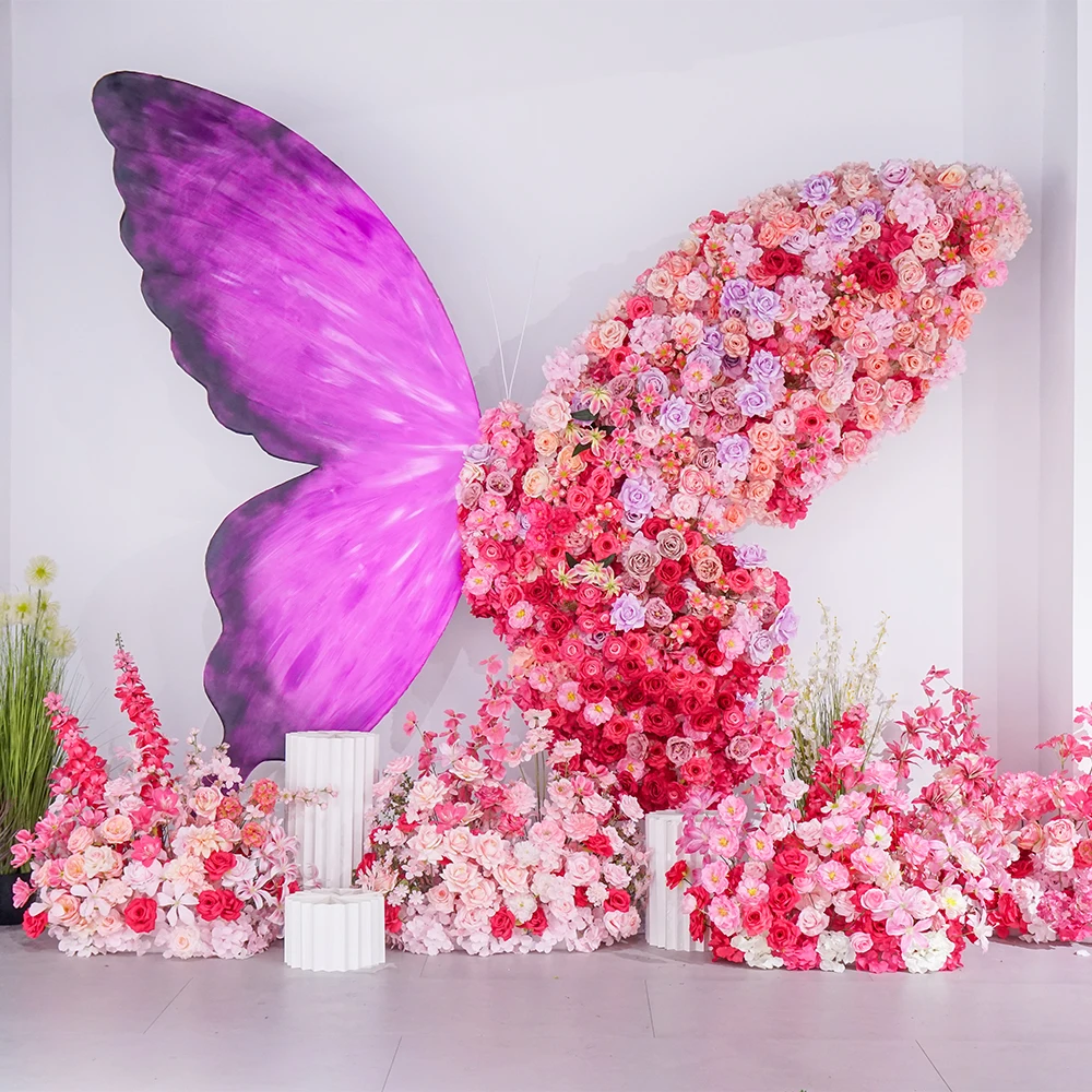 

#￥Luxury Modern Metal Giant Artificial Flower Butterfly Backdrop Pink Floral Arrangement for Wedding Party Stage Decor