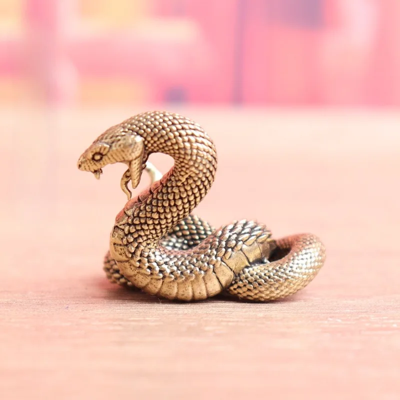 Vintage Brass Chinese Zodiac Snake Figurine Mini Cobra Statue Desktop Ornament Retro Feng Shui Animal Collectible Craft Gift
