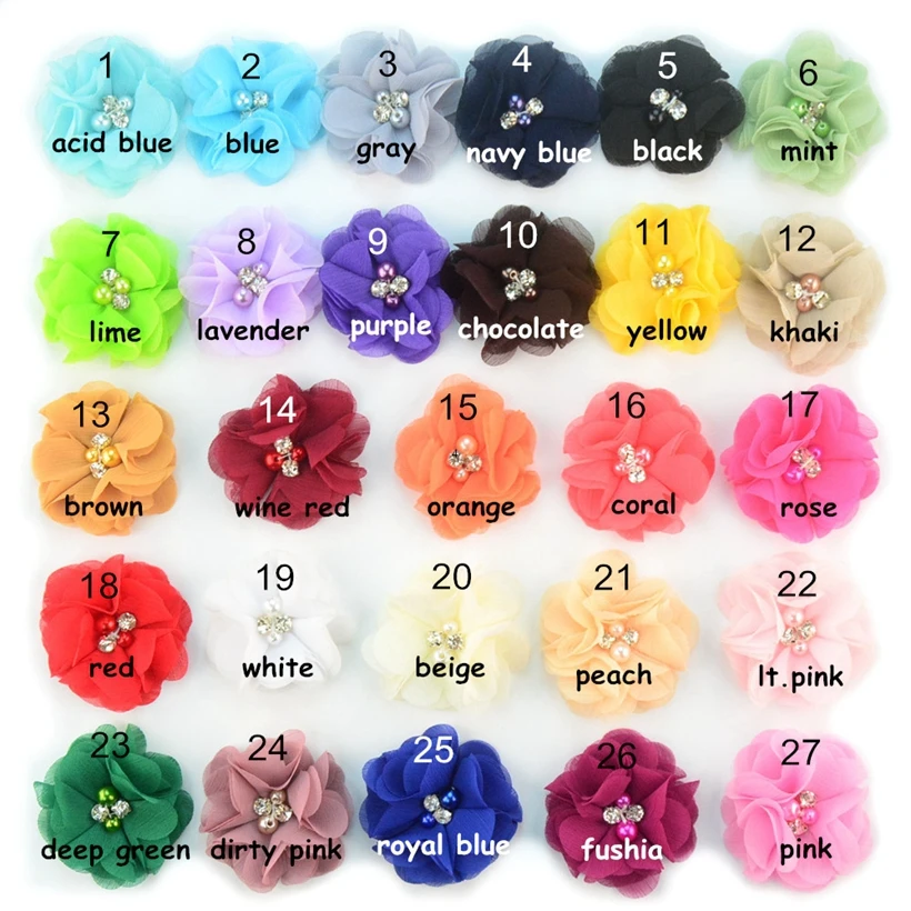 

30pcs/lot 1.97'' Cute Chiffon Flowers With Rhinestone Pearl Center Girls Headbands Flowers Hair Accessories Wholesale Craft DIY