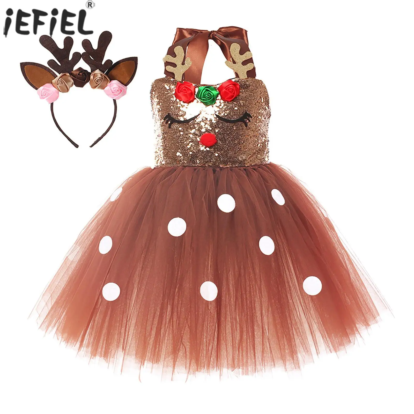 Kids Girls Christmas Elk Reindeer Costume Halter Sleeveless Sequins Tutu Dress with Deer Hair Hoop for New Year Role Play Party