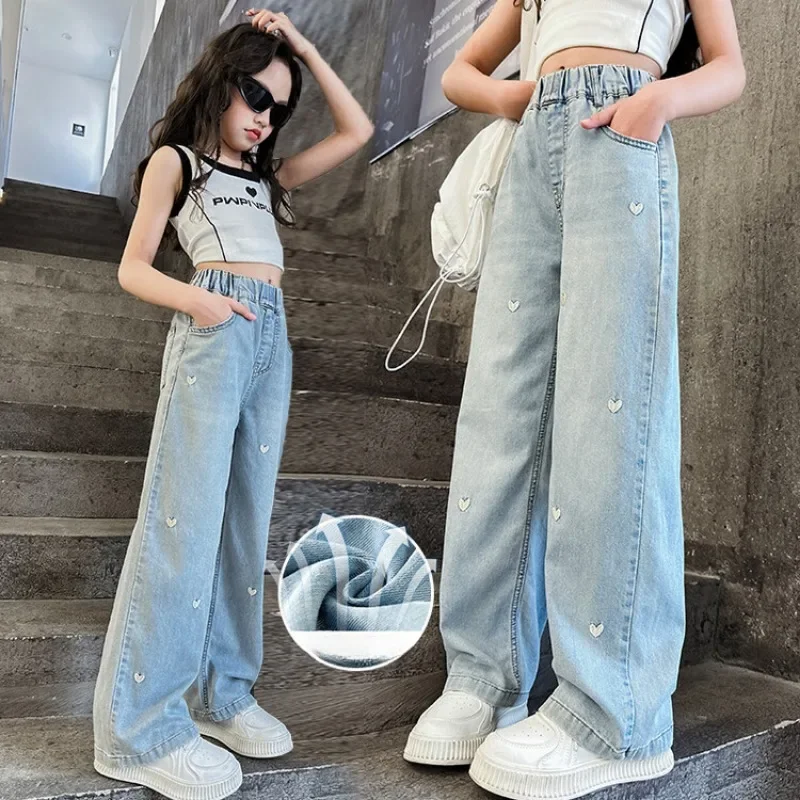 2024 Summer Explosions Thin Jeans Embroidered Wide-leg Pants, Girls and Children Light Blue Love Embroidered Loose-leg Jeans.