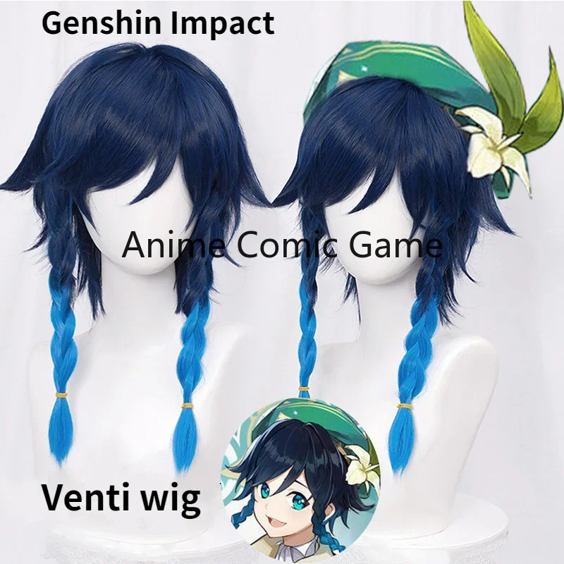 

Genshin Impact Venti Cosplay Unisex 50cm Blue Wig Cosplay Anime Cosplay Braid Wigs Heat Resistant Synthetic Wigs + Wig Cap