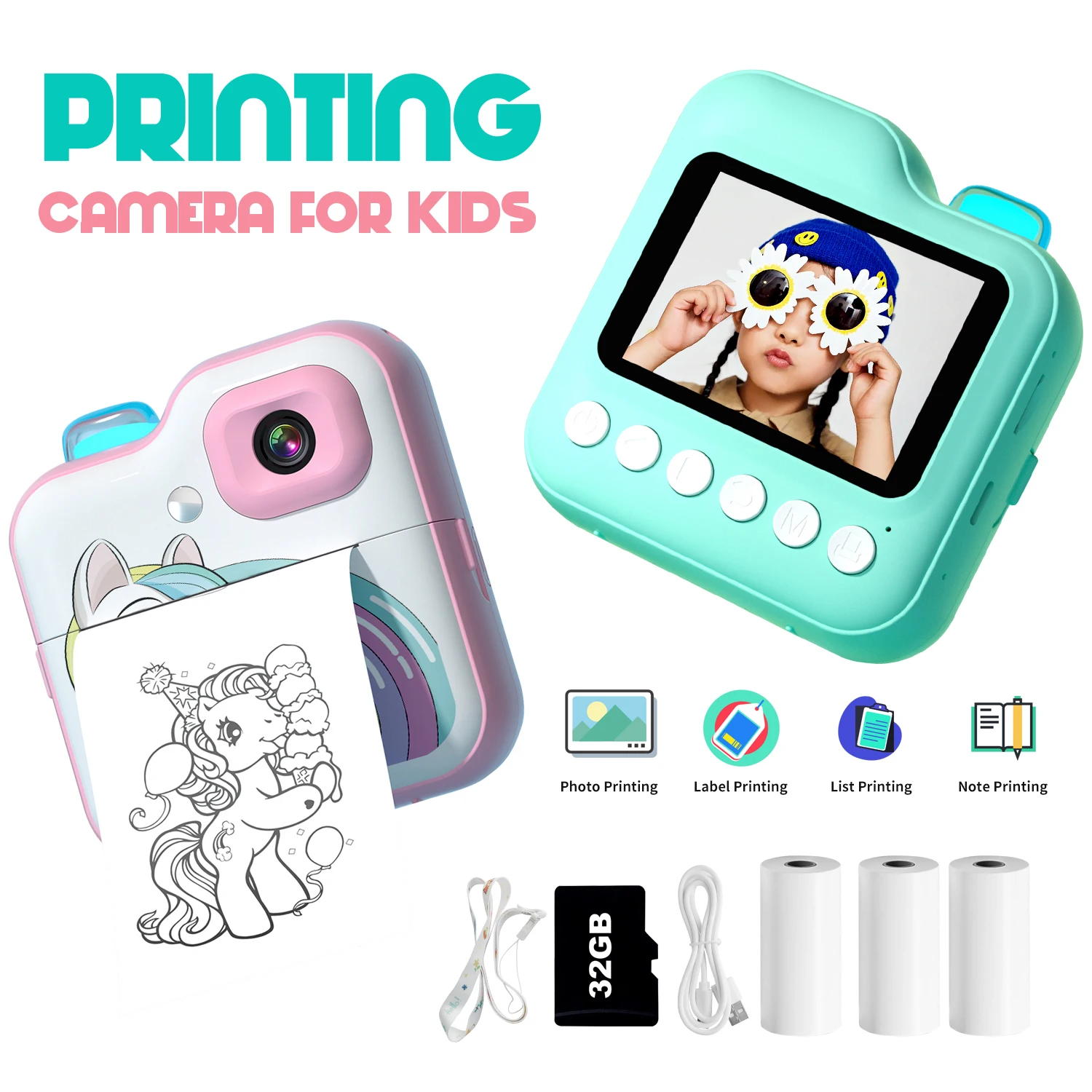 Kids Camera Instant Print Boys Girls Gift Children Digital Video Camera Photo Thremal Printing 32G TF Card Enducational Toys