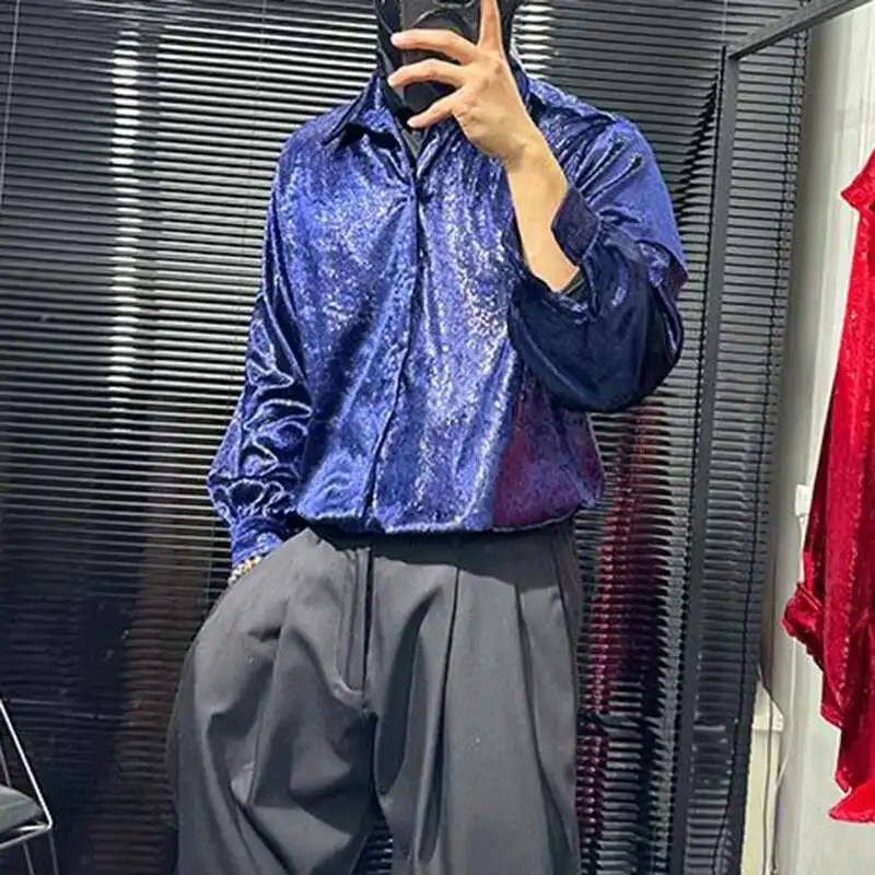 PFHQ قميص رجالي معدني عصري متخصص ترتر 2025 بياقة مقلوبة صدر واحد بلون واحد ملابس علوية للرجال 21E1731 #4