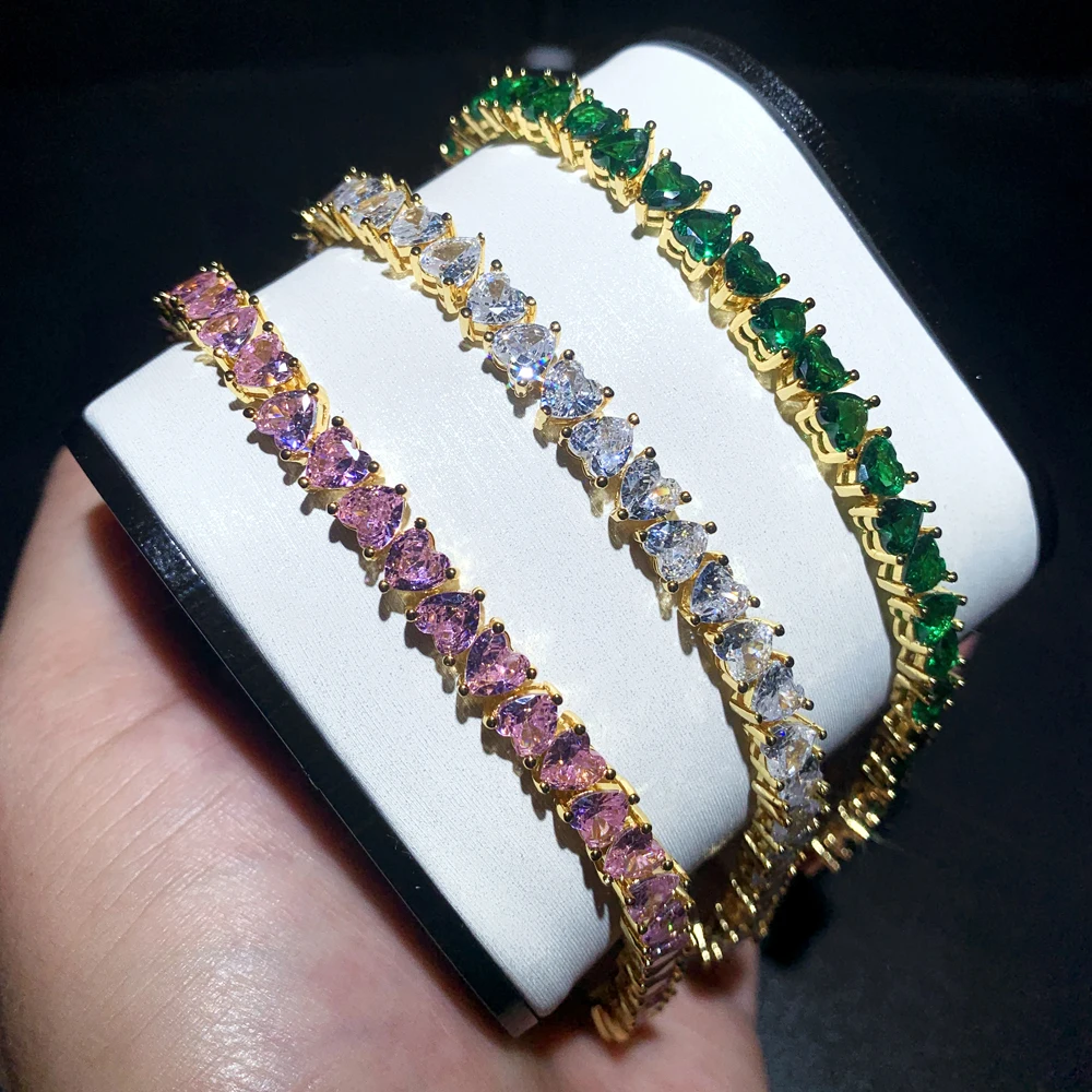 2025 High Quality Fashion Rainbow Women Jewelry Colorful Green Pink White Heart Shaped Cubic Zirconia CZ Tennis Chain Bracelets