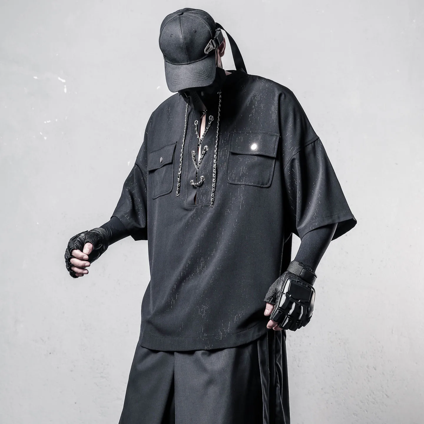 Designer Style Design Lace-up Anti-Wrinkle Short Sleeve T-shirt Summer Dark High-Grade Ruan Handsome Half Sleeve Top