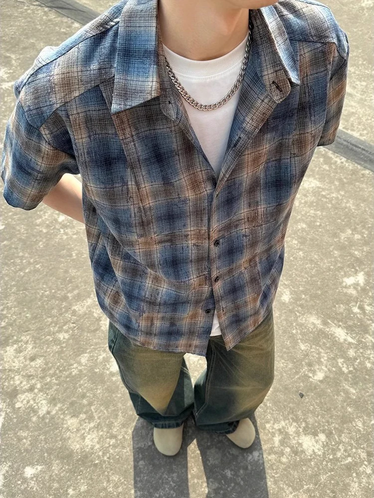 

Ретро-куртка в американском стиле в клетку для мужчин, тонкая летняя солнцезащитная куртка Haome Workwear с эффектом окрашивания, свободного кроя, из полиэфирного волокна