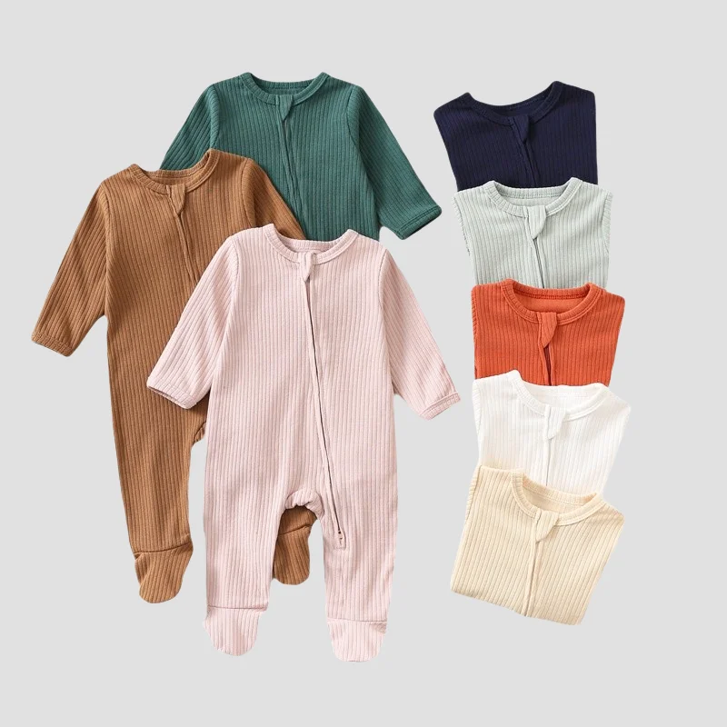

Autumn Zipper Baby Onesie Ribbed Knit Footed Romper Long Sleeve Solid Color Jumpsuit for 0-12M Newborn Infant Outfits