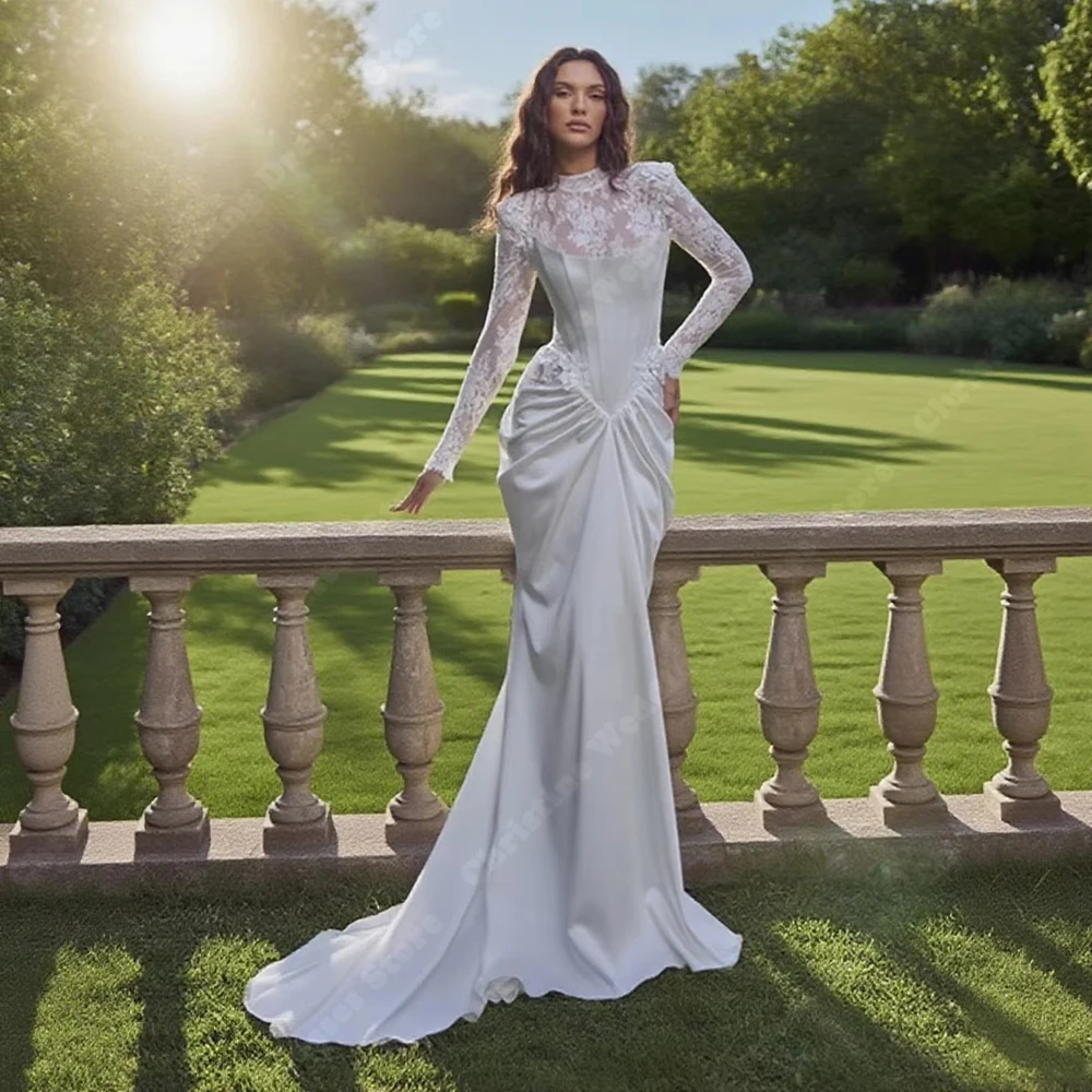 

High Collar Women Wedding Dresses Elegant Lace Flower Printing Bridal Gowns Mopping Length Banquet Vestidos De Novias customized