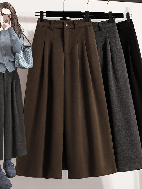 Pantaloni a gamba larga in lana taglie forti a vita alta autunno inverno pantaloni larghi in cotone dritto casual a nove punti dimagranti