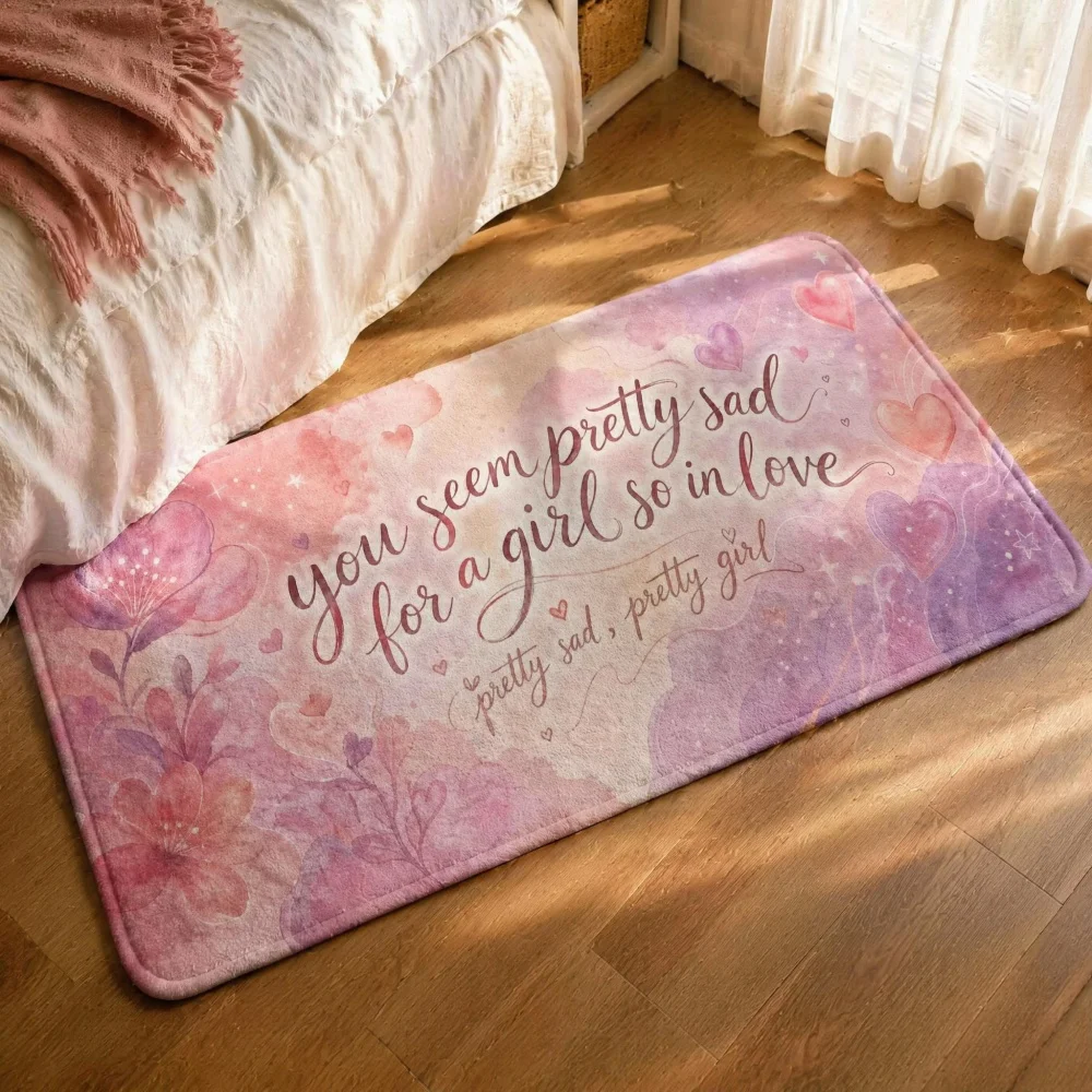 Aesthetic Pink Floral Lyric Floor Mat Non Slip Soft Rectangle Rug Heart Print Girls Bedroom Living Room Sofa Side Decor